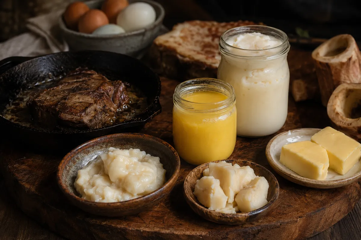 Bife na frigideira de ferro ao lado de ghee, banha suína, sebo bovino e manteiga sobre tábua rústica.