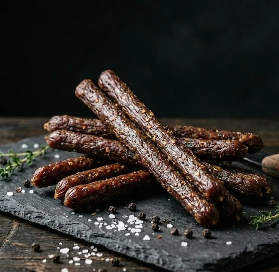 Meat Stick em formato de sticks sobre superfície escura, imagem da LP Raiz Primal