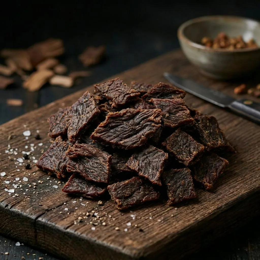 Beef Jerky em fatias sobre madeira, imagem da LP Raiz Primal
