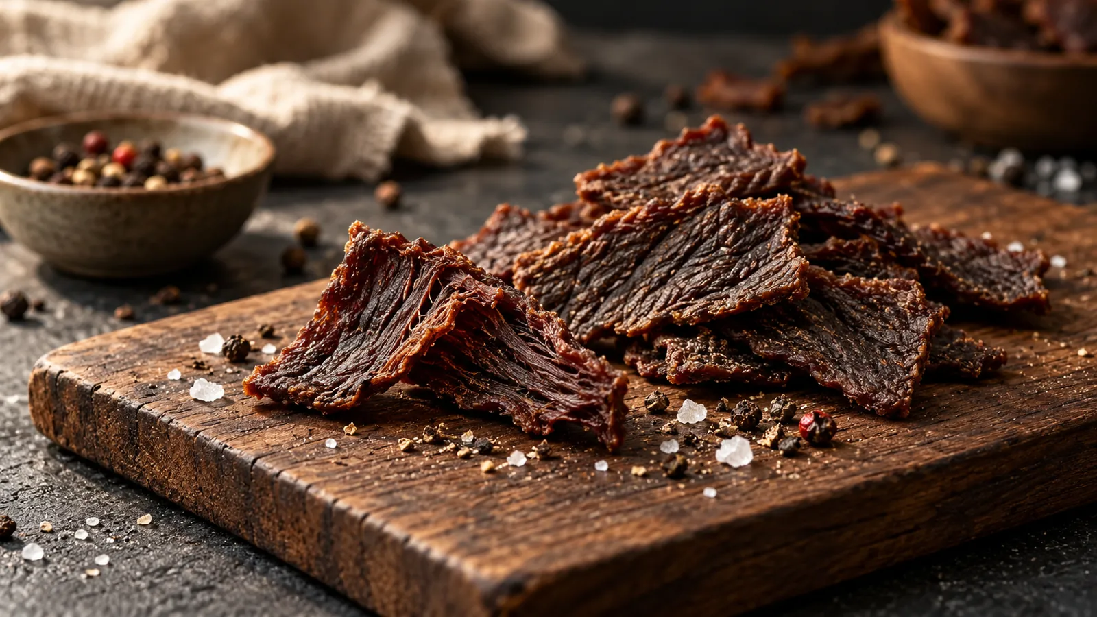 Fatias de Beef Jerky sobre tábua de madeira, com fibras e textura em destaque.