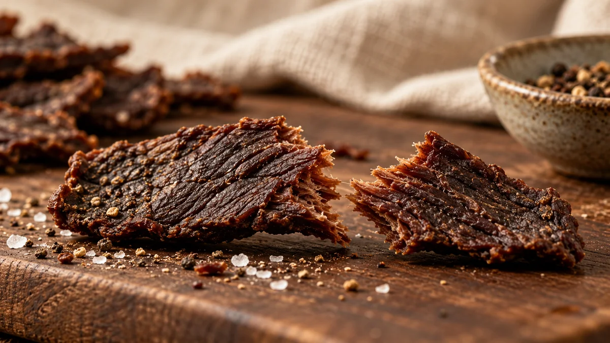 Detalhe das fibras de uma tira de Beef Jerky rasgada em duas partes.