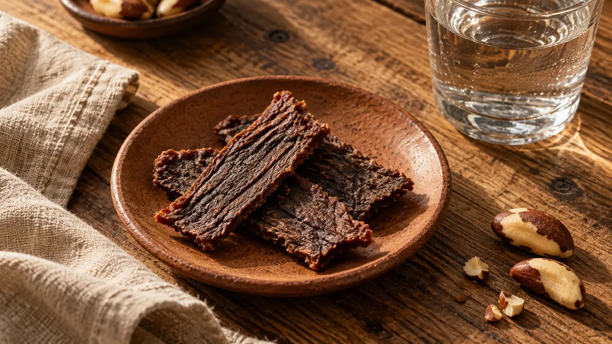 Porção de Beef Jerky em prato de cerâmica ao lado de água e castanhas.