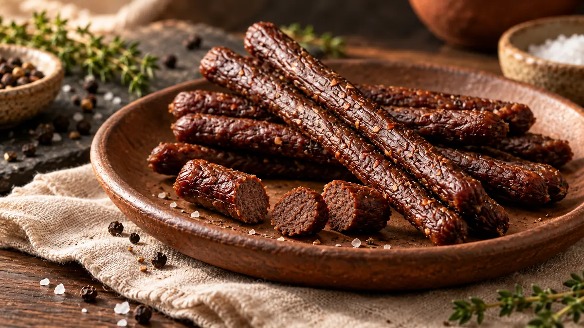 Corte de um Meat Stick mostrando a textura da carne processada.
