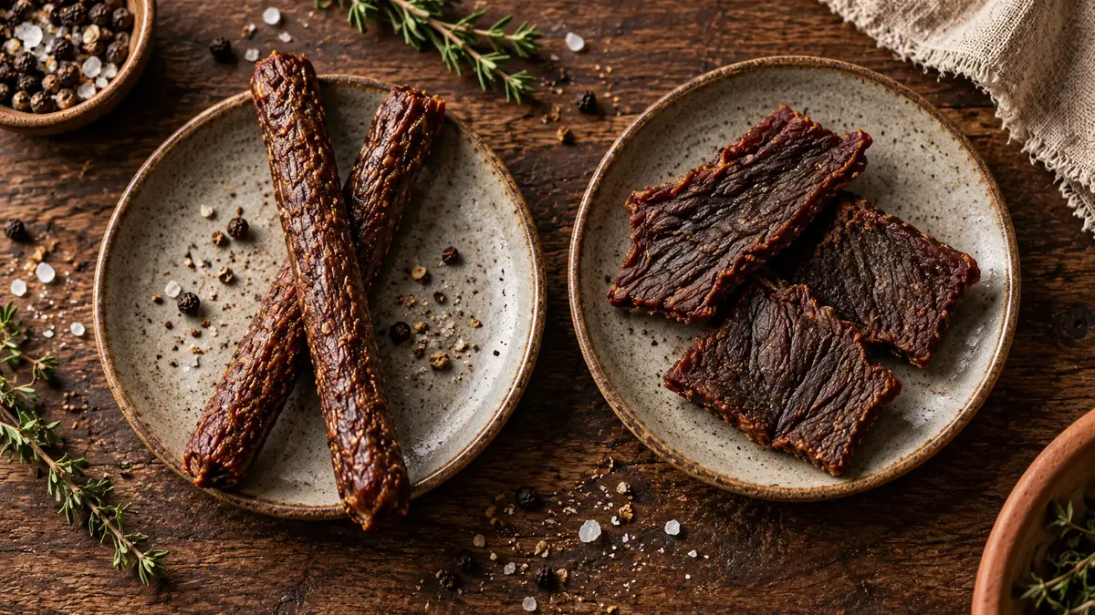 Meat Stick em bastão e Beef Jerky em fatias lado a lado.