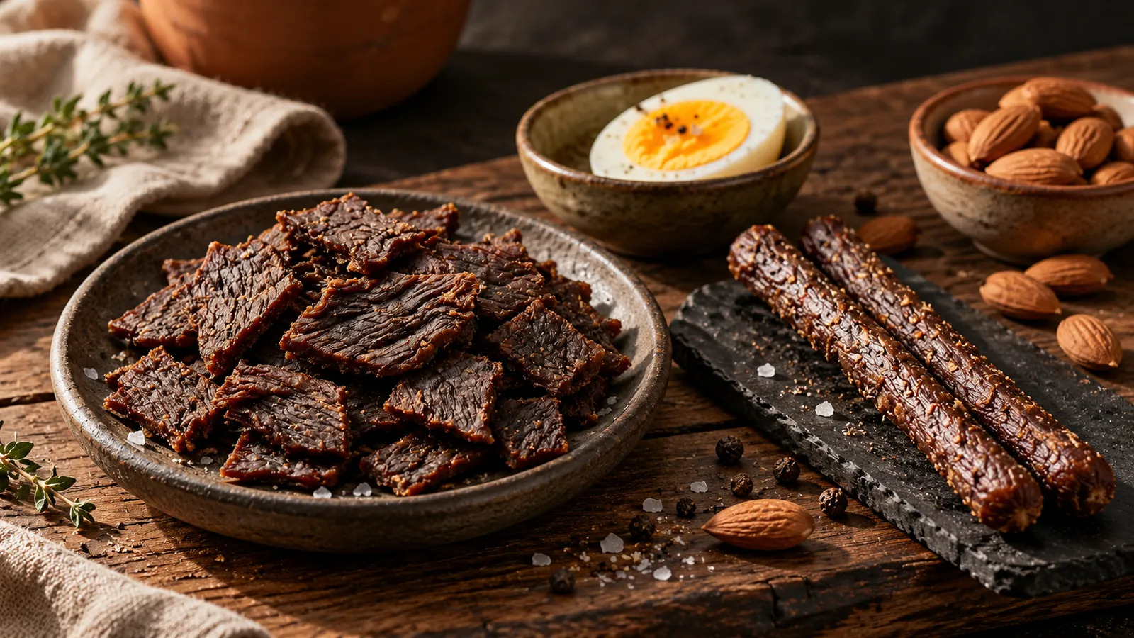 Opções salgadas de lanche com Beef Jerky, Meat Stick, ovo e castanhas.