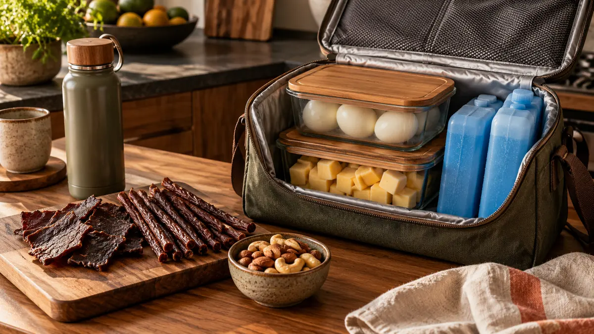 Bolsa térmica com fontes frias ao lado de porções separadas de lanche.