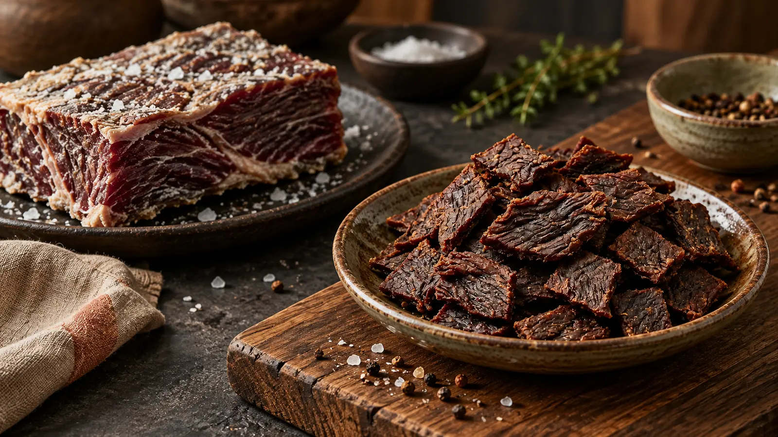 Fatias finas de Beef Jerky e uma peça espessa de carne salgada em recipientes separados.