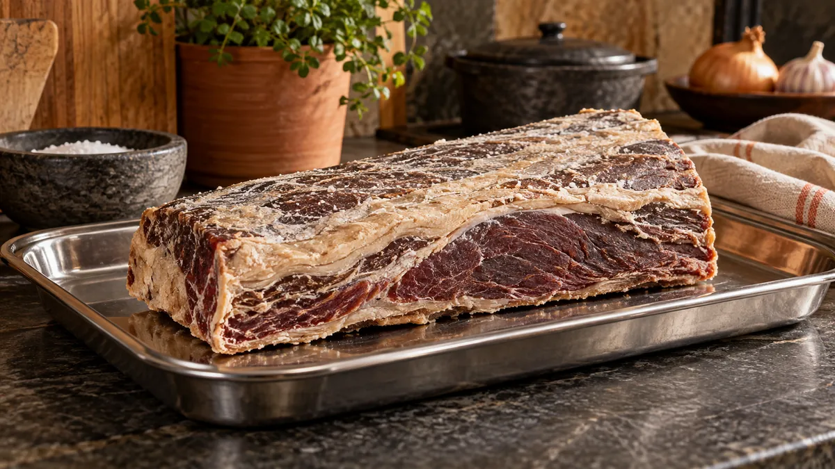 Peça de carne salgada e seca preparada para uso culinário.
