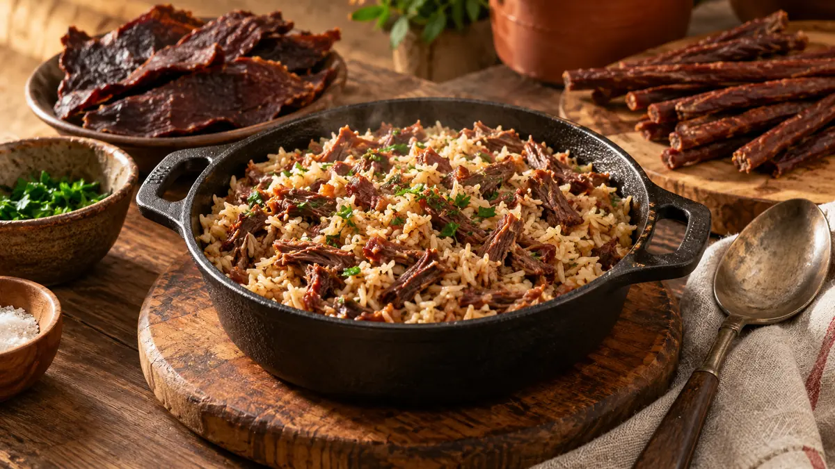 Arroz carreteiro servido em panela, com carne desfiada.
