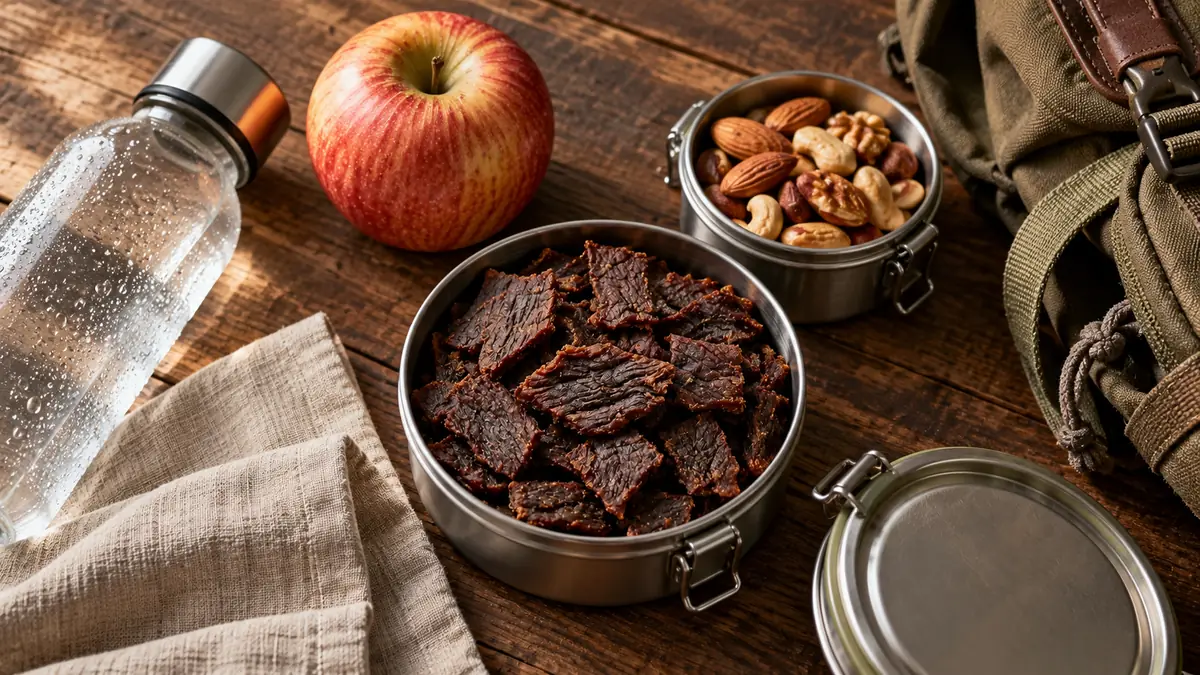 Água, guardanapos, fruta inteira e porções de lanche separadas para viagem.