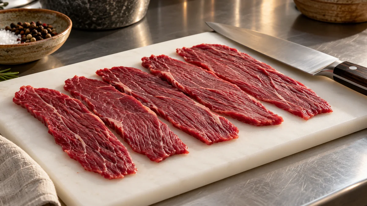 Fatias de carne bovina com espessura regular em tábua de preparo.