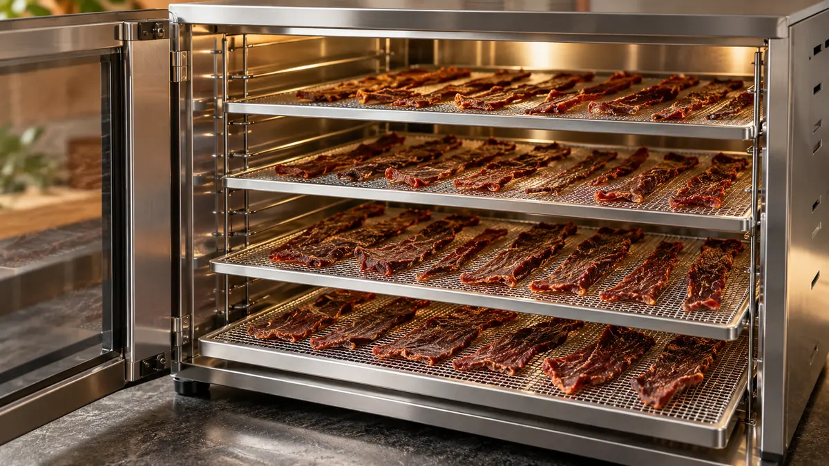 Ilustração de tiras de carne distribuídas em bandejas de equipamento de secagem.
