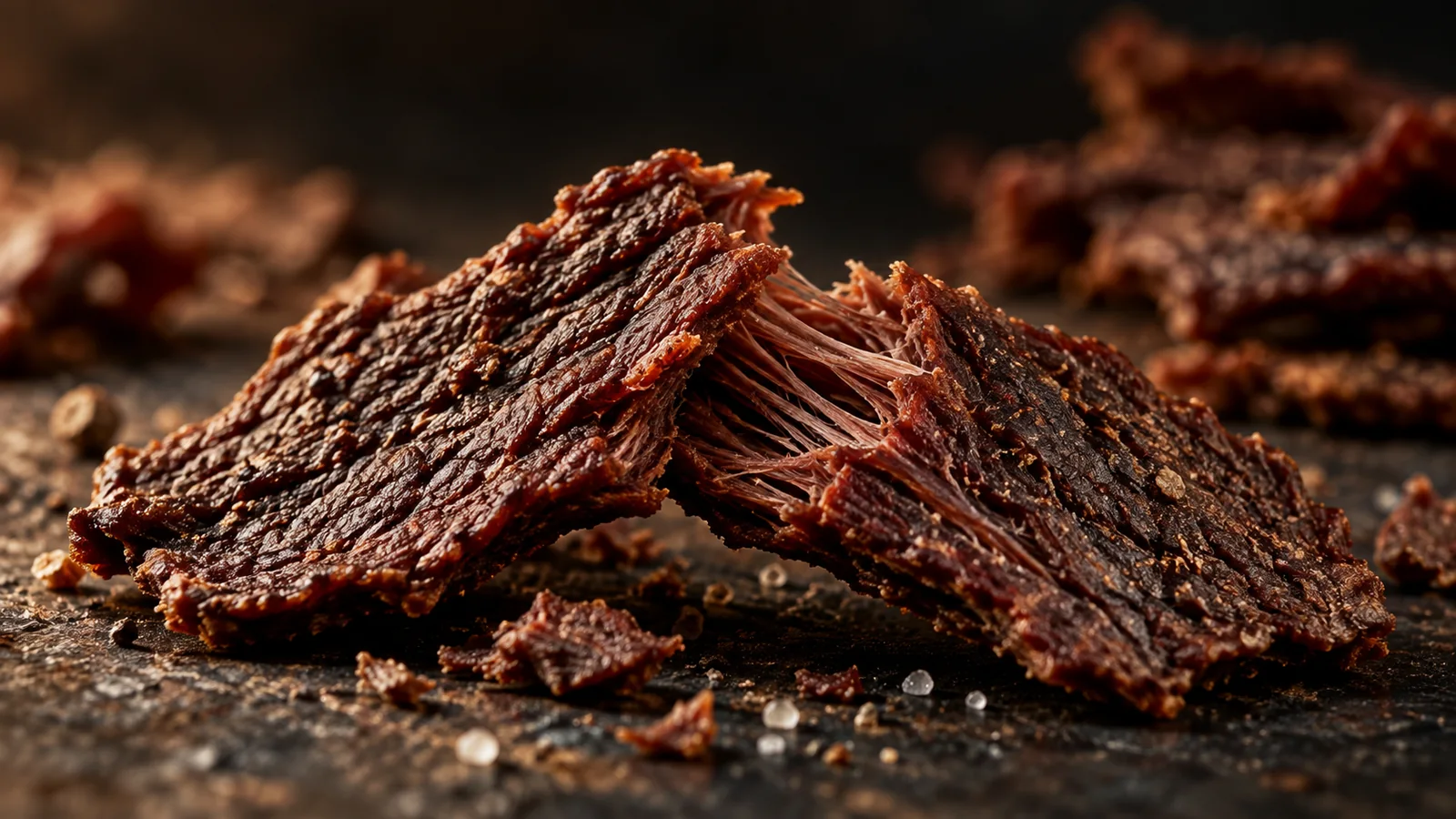 Detalhe de uma tira de Beef Jerky com fibras e bordas irregulares.