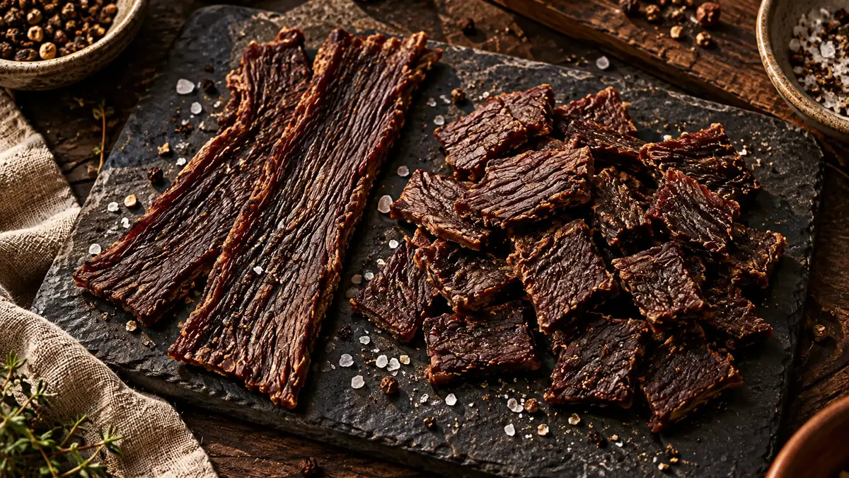 Tiras de Beef Jerky inteiras e pedaços cortados atravessando a fibra.
