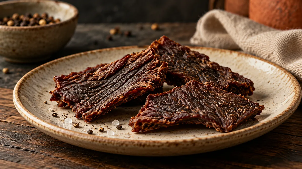 Fatias de Beef Jerky vistas de lado, com espessuras diferentes.