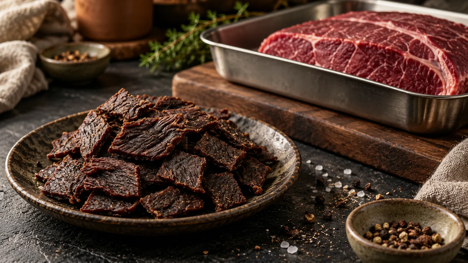 Carne bovina fresca e Beef Jerky em recipientes separados, como comparação editorial.