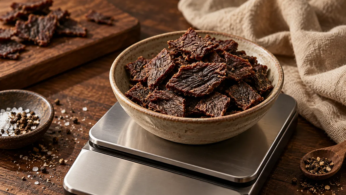 Porção de Beef Jerky em recipiente sobre a plataforma de uma balança de cozinha.