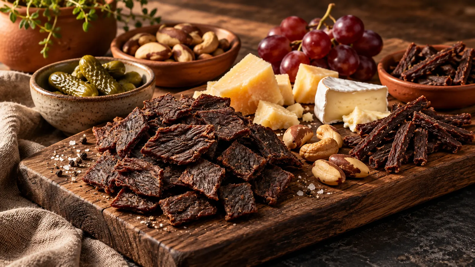 Tábua de petiscos com Beef Jerky, queijos, castanhas, frutas e conservas.