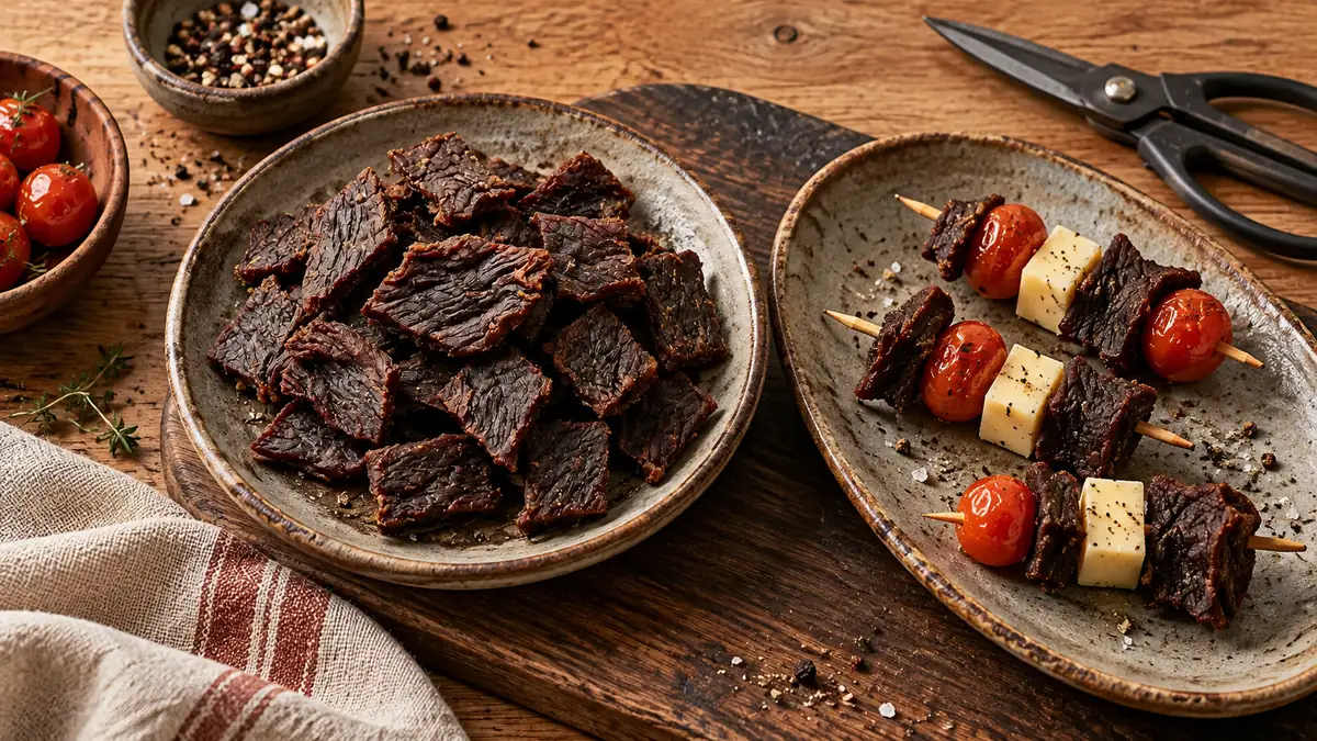 Pedaços de Beef Jerky servidos com queijo e tomate em pequenos petiscos.