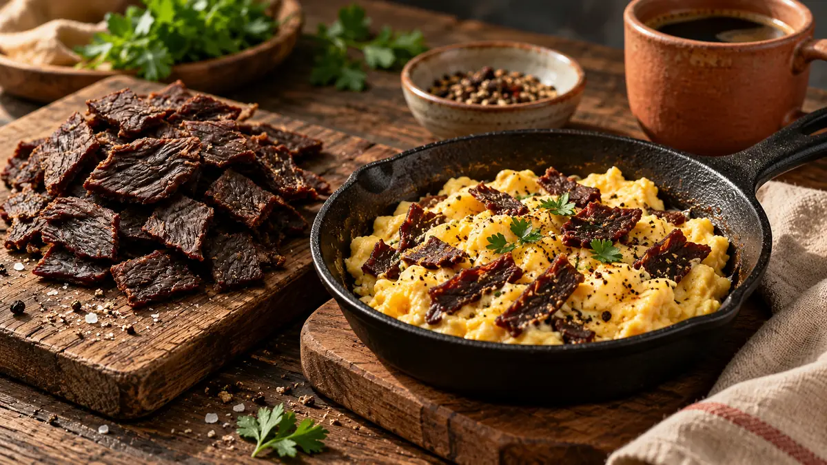 Ovos mexidos finalizados com pequenos pedaços de Beef Jerky.