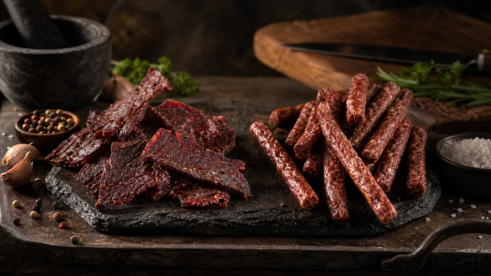Beef jerky em tiras e meat sticks em bastões sobre pedra escura, madeira rústica e ingredientes naturais.