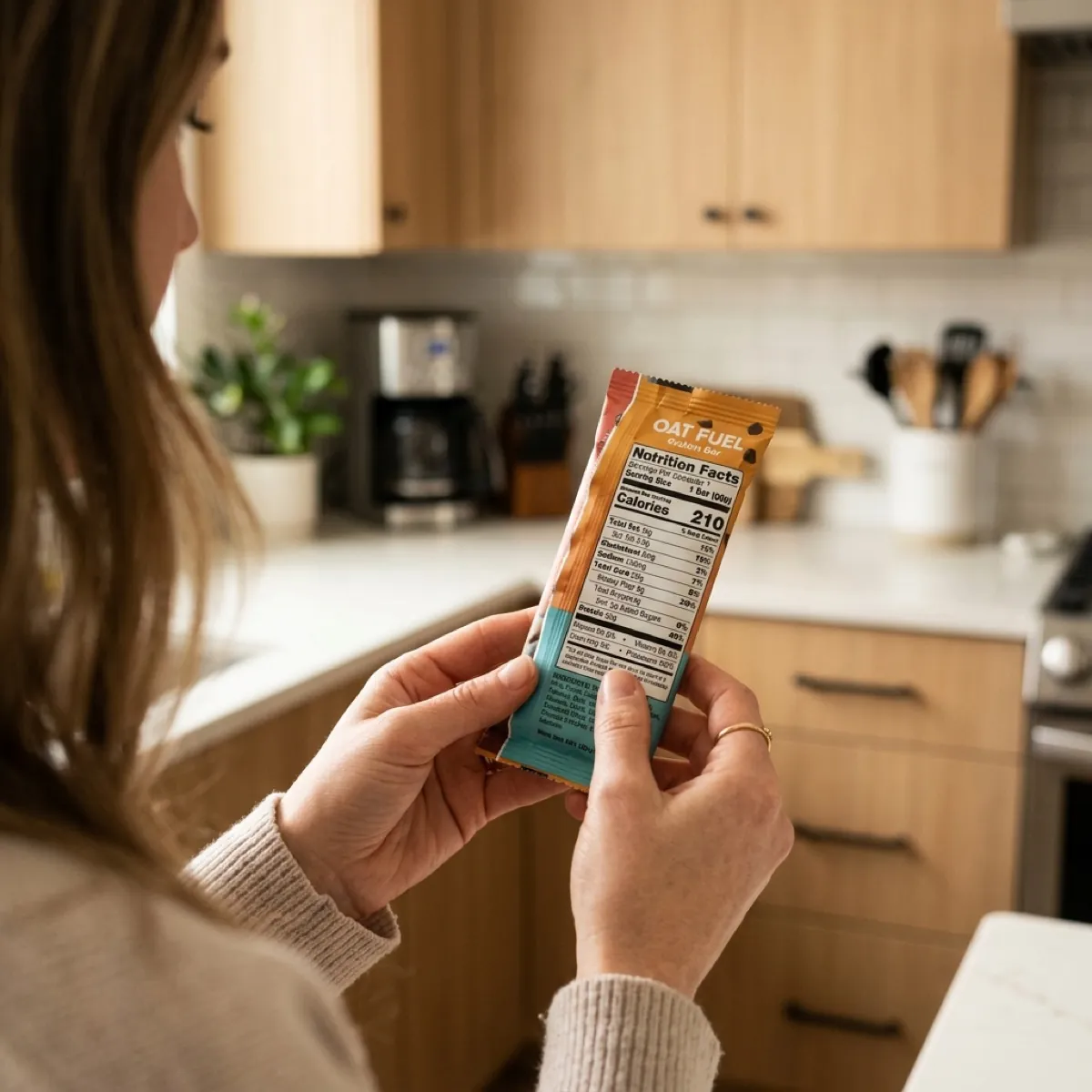 Pessoa lendo o rótulo nutricional de um snack proteico em uma cozinha moderna e bem iluminada