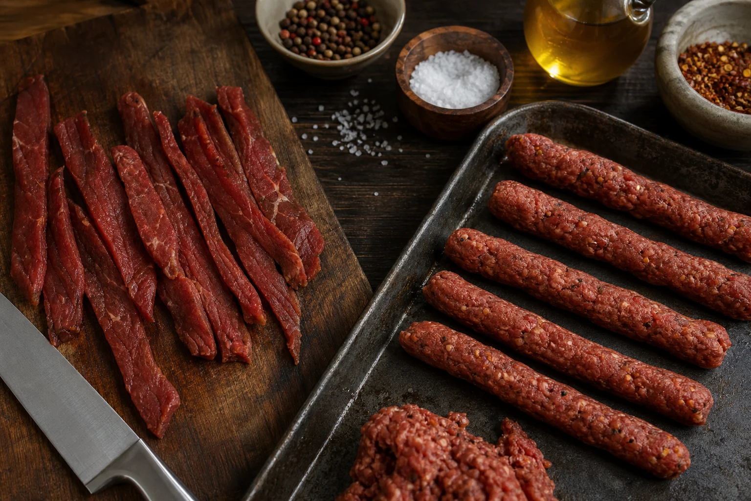 Fatias de carne e bastões de carne sendo preparados com sal, pimentas e vinagre sobre mesa de madeira escura