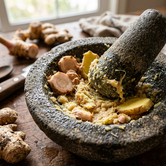 Raízes Frescas de Galanga no Pilão